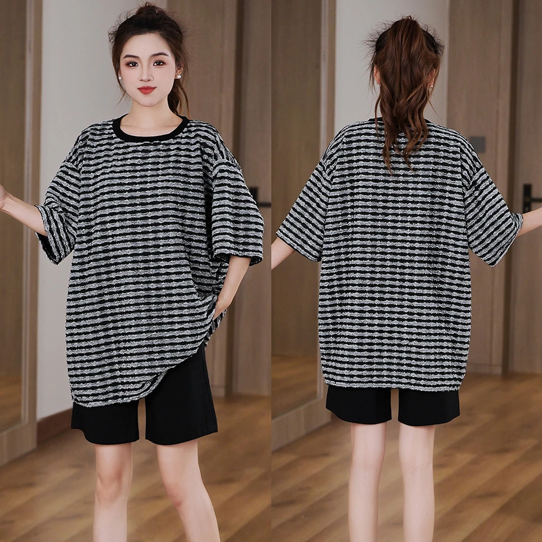 夏季新款 韩版时尚波浪条纹宽松短袖T恤女士休闲显瘦百搭圆领上衣