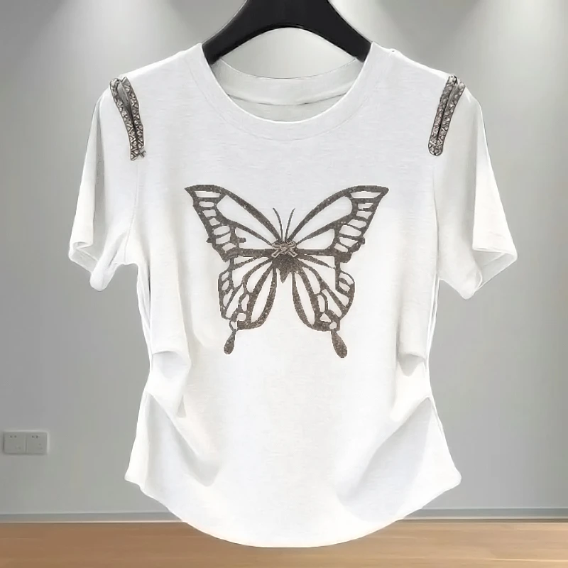2025夏季新款蝴蝶镶钻露肩短袖T恤女设计感捏褶修身气质显瘦上衣