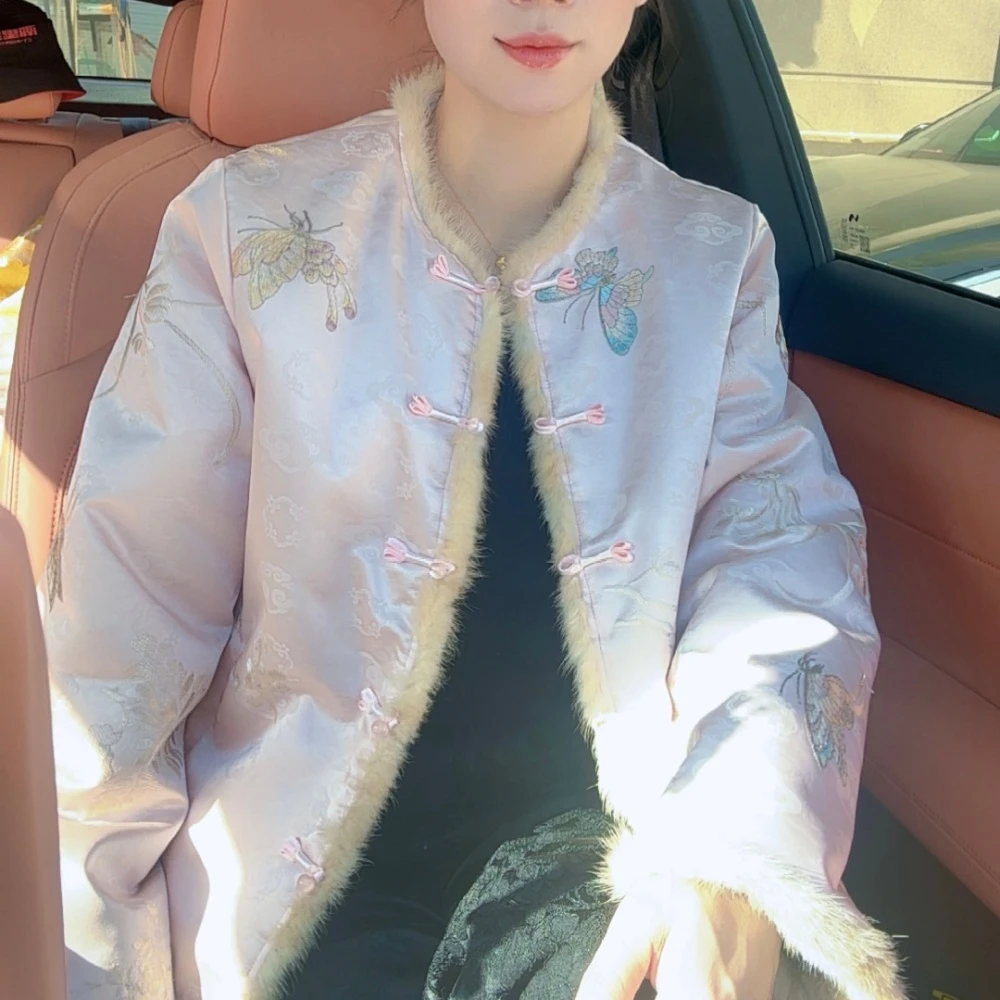 【秋引蝶】冬季新中式国风水貂毛双面双穿加绒加厚圆领女装外套