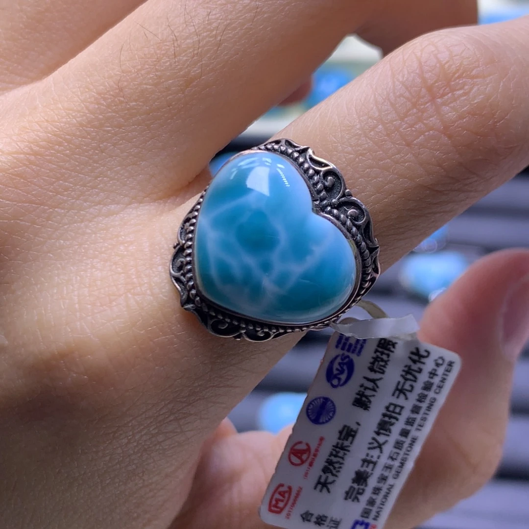 针钠钙石（海纹石）银S925镶嵌戒指爱心戒指色差略异