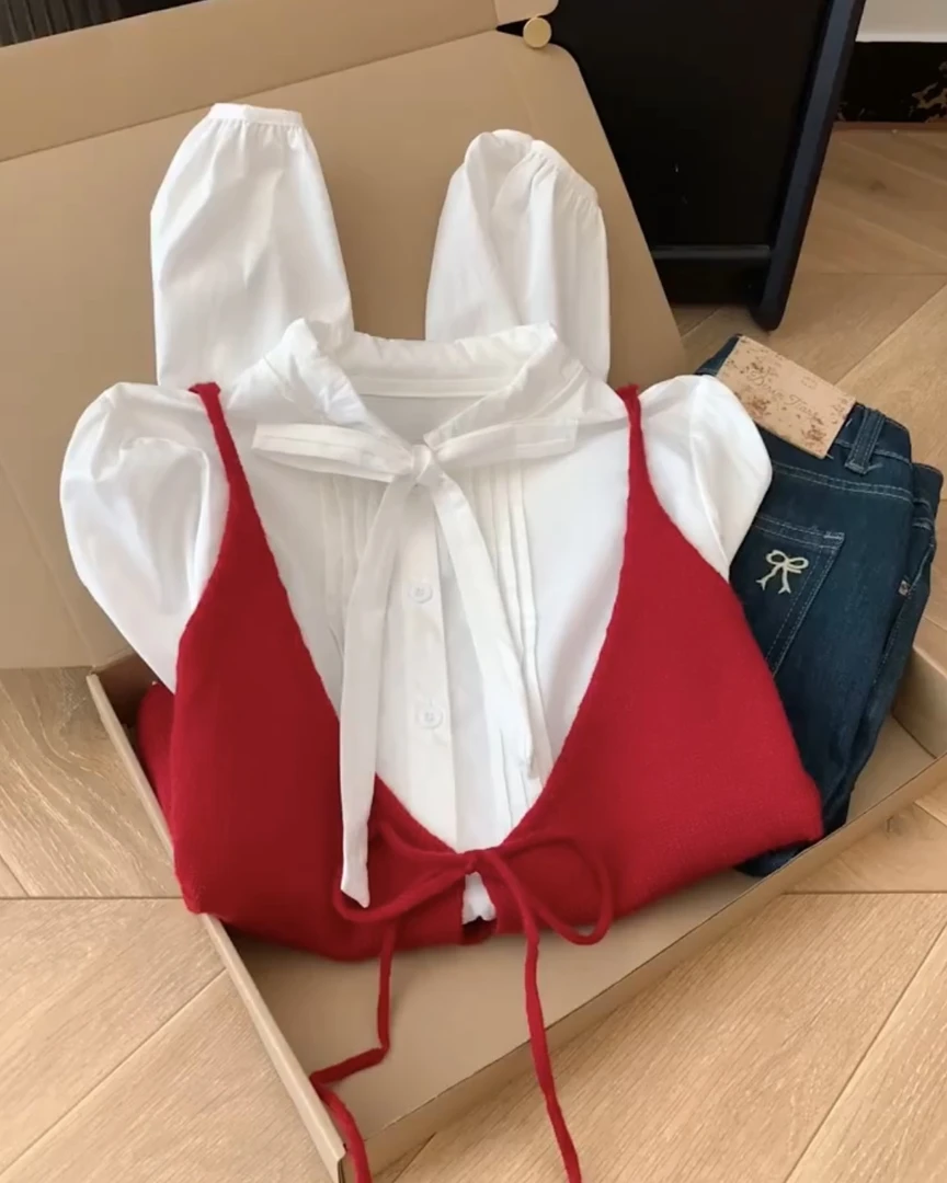 韩系叠穿衬衫背心套装女秋季新款慵懒风宽松显瘦百搭长袖衬衣上衣