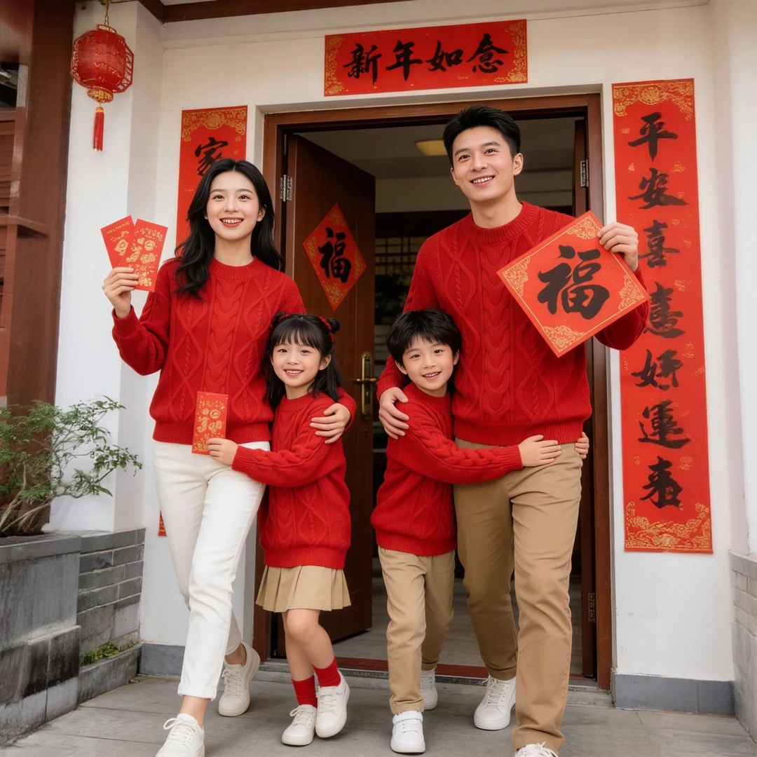 亲子装过年喜庆衣服一家三口红色一家人全家福新年服装毛衣拜年服