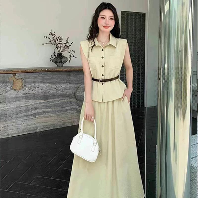 时尚套装裙女2025夏季新款无袖衬衫收腰显瘦洋气高腰半身裙两件套