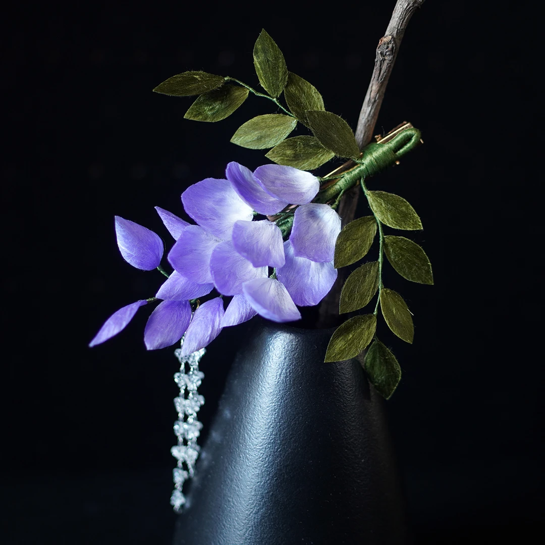 非遗绒花丨紫藤花 纯手工国风新中式桑蚕丝线绒花发边夹耳环