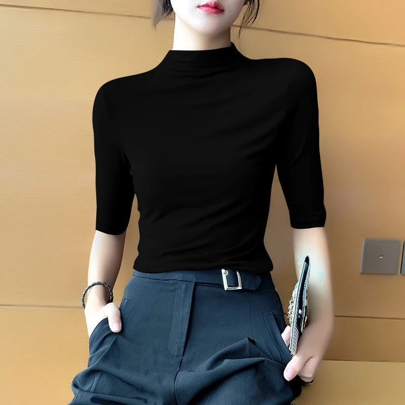 大码半高领中袖t恤女春夏季薄款修身弹力内搭七分袖打底衫上衣