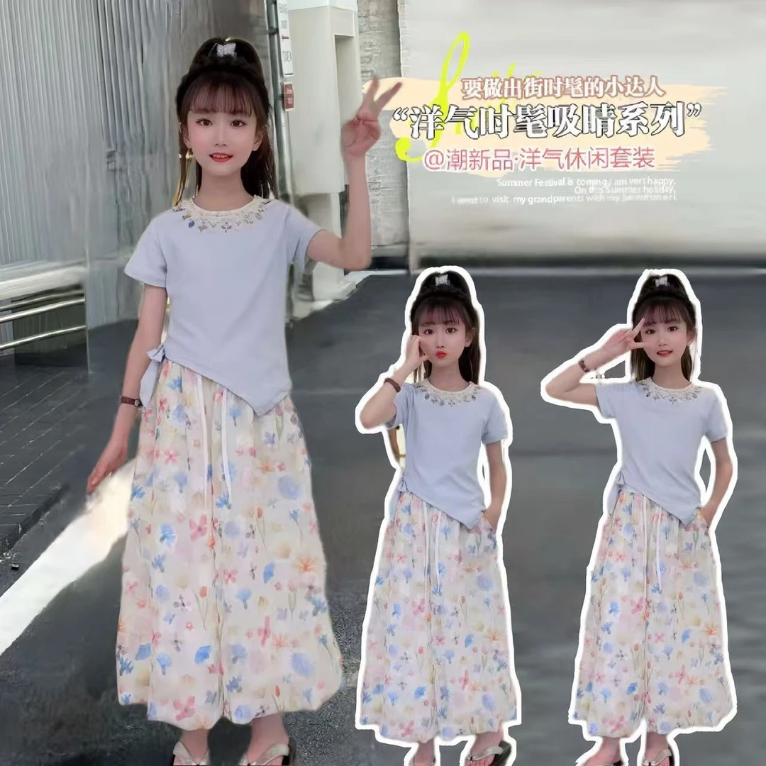 【现货】母女装女中大童夏季新款度假风不规则短袖花朵裙裤两件套