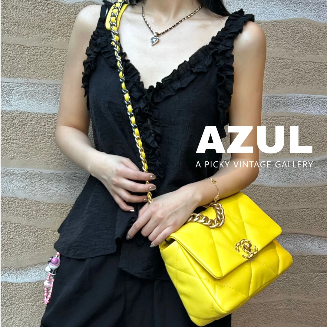 95新 Chanel/香奈儿 Azul-23C柠檬黄羊皮19bag小号单肩包/47159