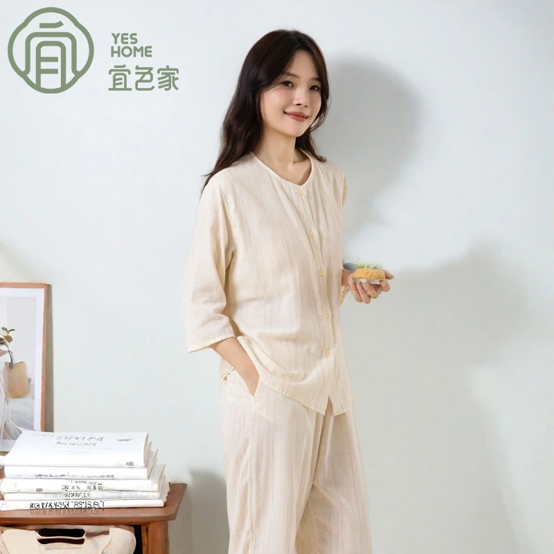 带胸垫纯棉睡衣女春秋季女款爆款2025新款舒适透气中年家居服套装