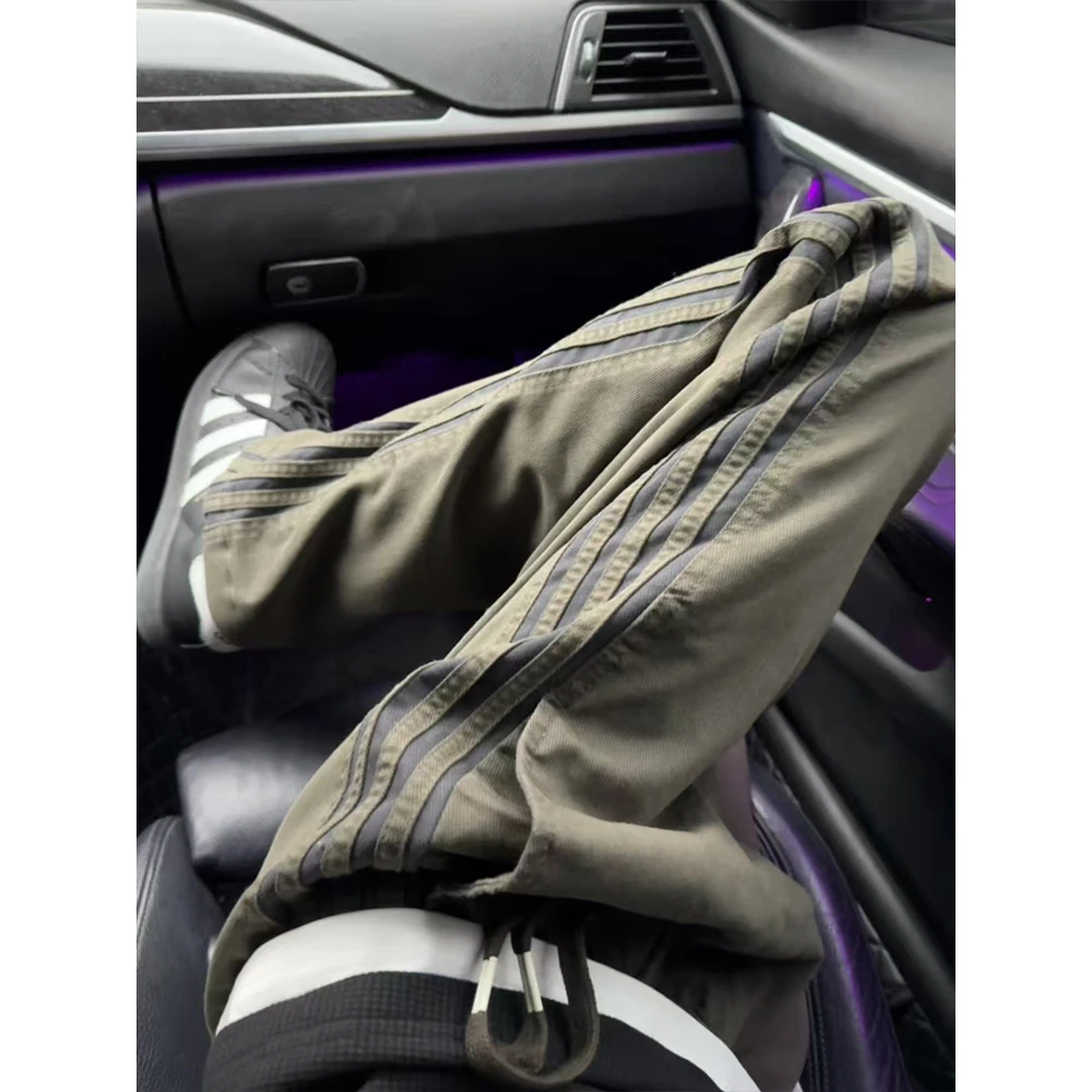 美式复古条纹裤子男秋季新款潮牌军绿色工装裤直筒三条杠休闲长裤