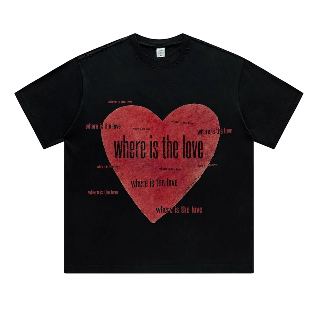 300克重磅落肩纯棉水洗做旧美式潮牌破洞T恤复古爱心休闲短袖情侣