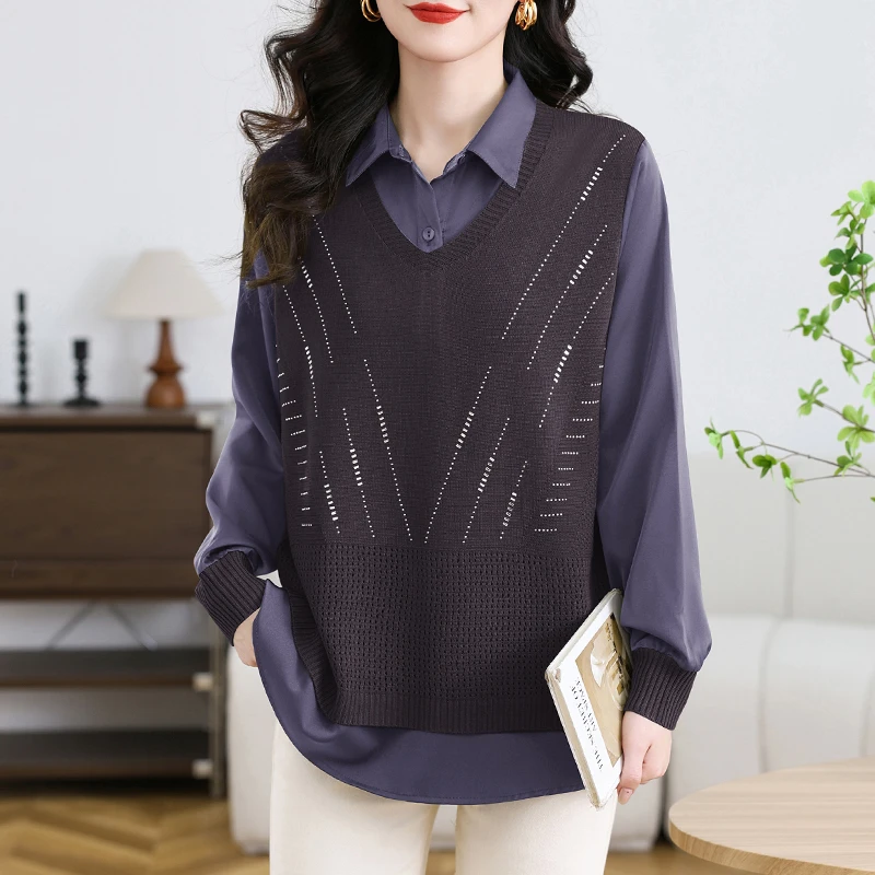 假两件衬衣领拼接高级感针织衫女2025秋冬时尚洋气百搭宽松上衣