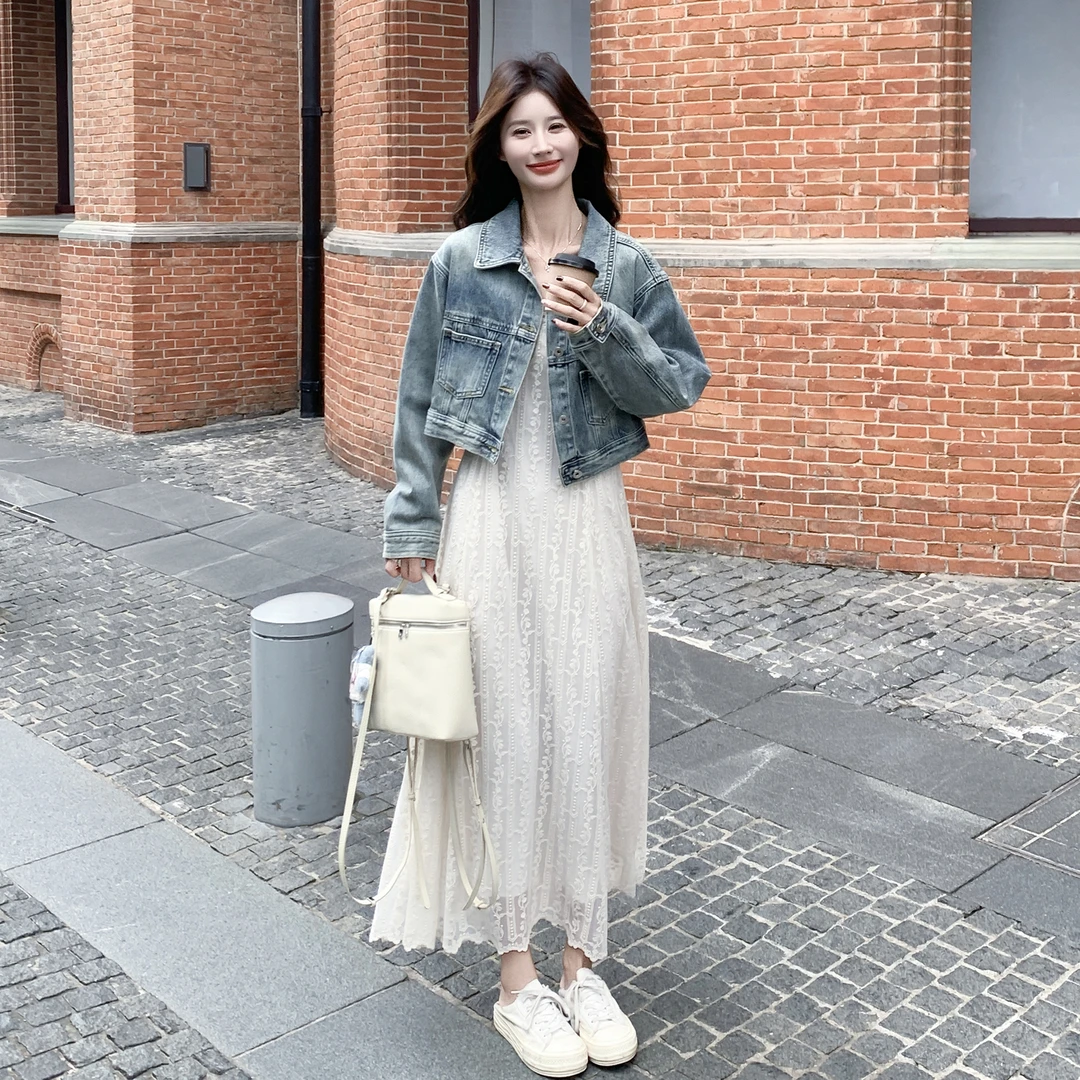 休闲减龄牛仔短外套白色吊带连衣裙套装女2025秋季韩系穿搭两件套
