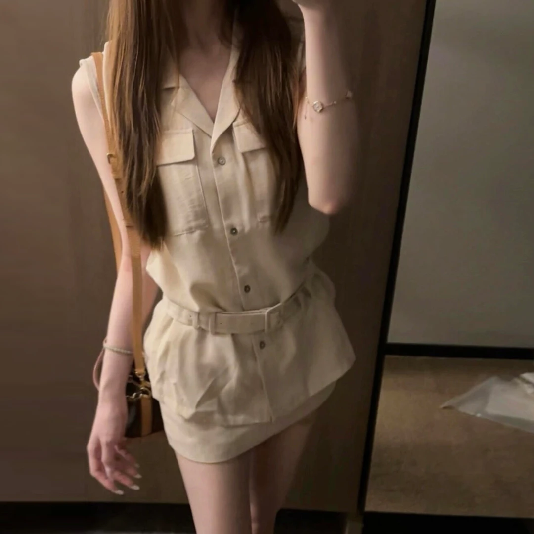 法式杏色工装翻领无袖衬衫上衣女夏2025新款气质包臀短裙两件套装