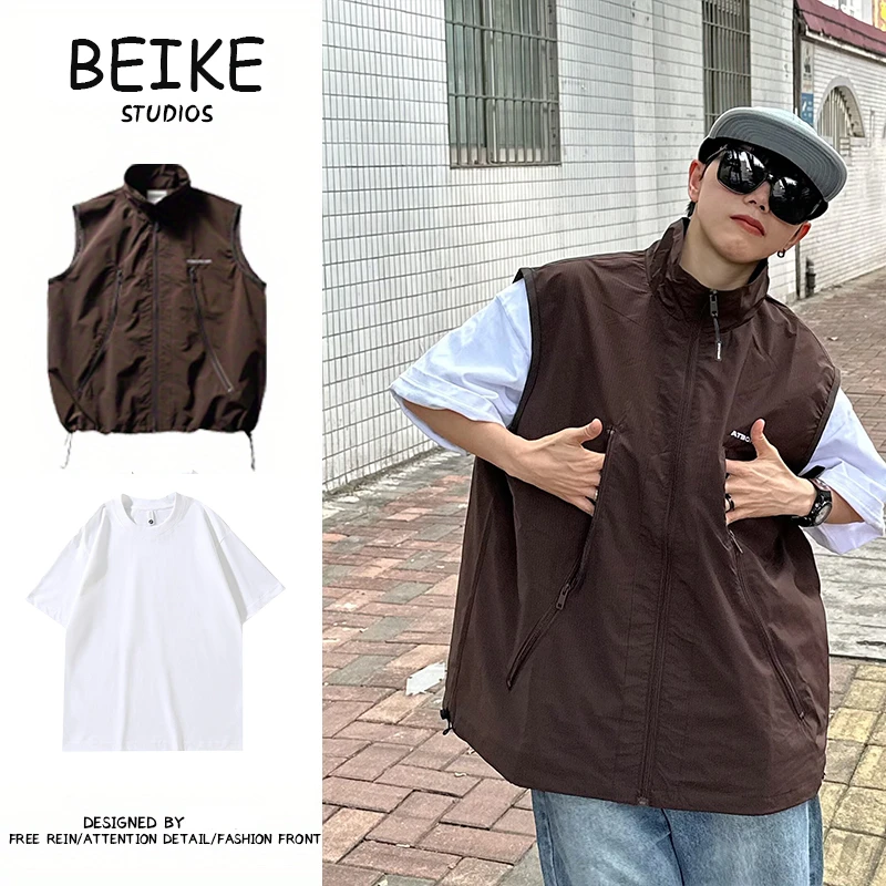 两件装/美式休闲立领工装拉链口袋刺绣露营户外坎肩马甲男女外套