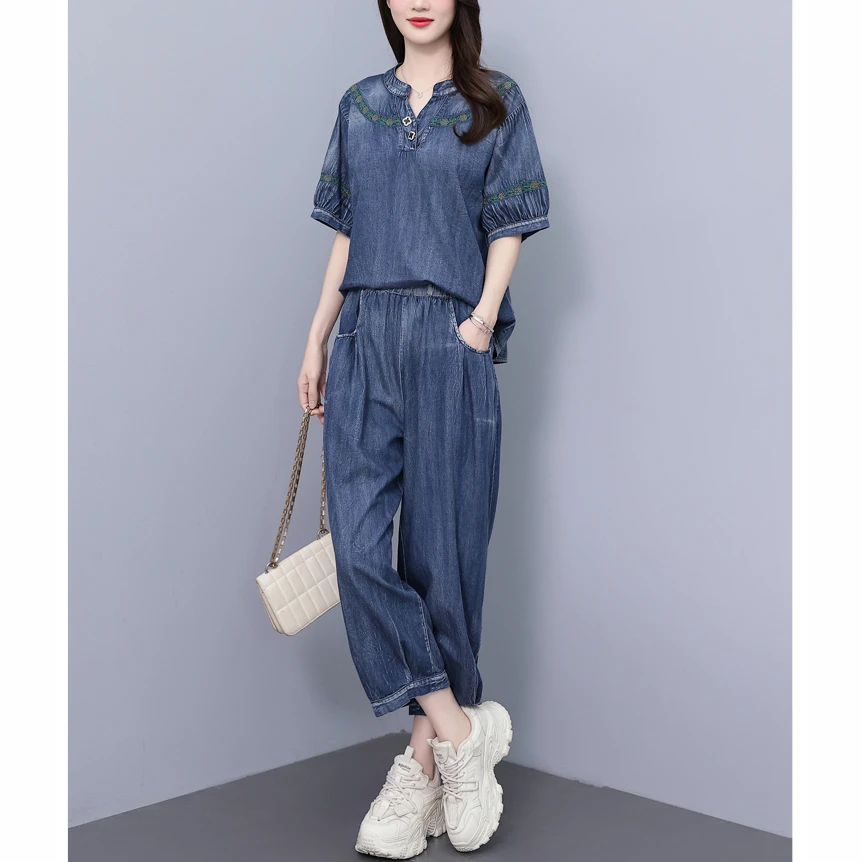 2025夏季新款套装女时尚大码宽松水洗棉牛仔短袖上衣休闲裤两件套