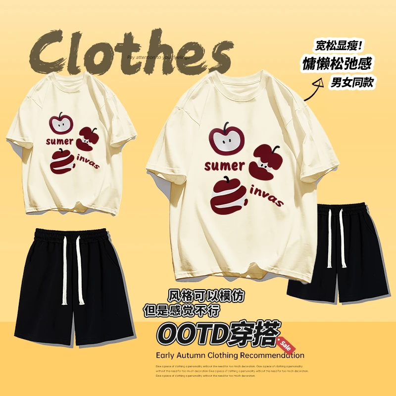 100%纯棉韩版小众设计感短袖复古半袖t恤夏季休闲短裤小个子套装
