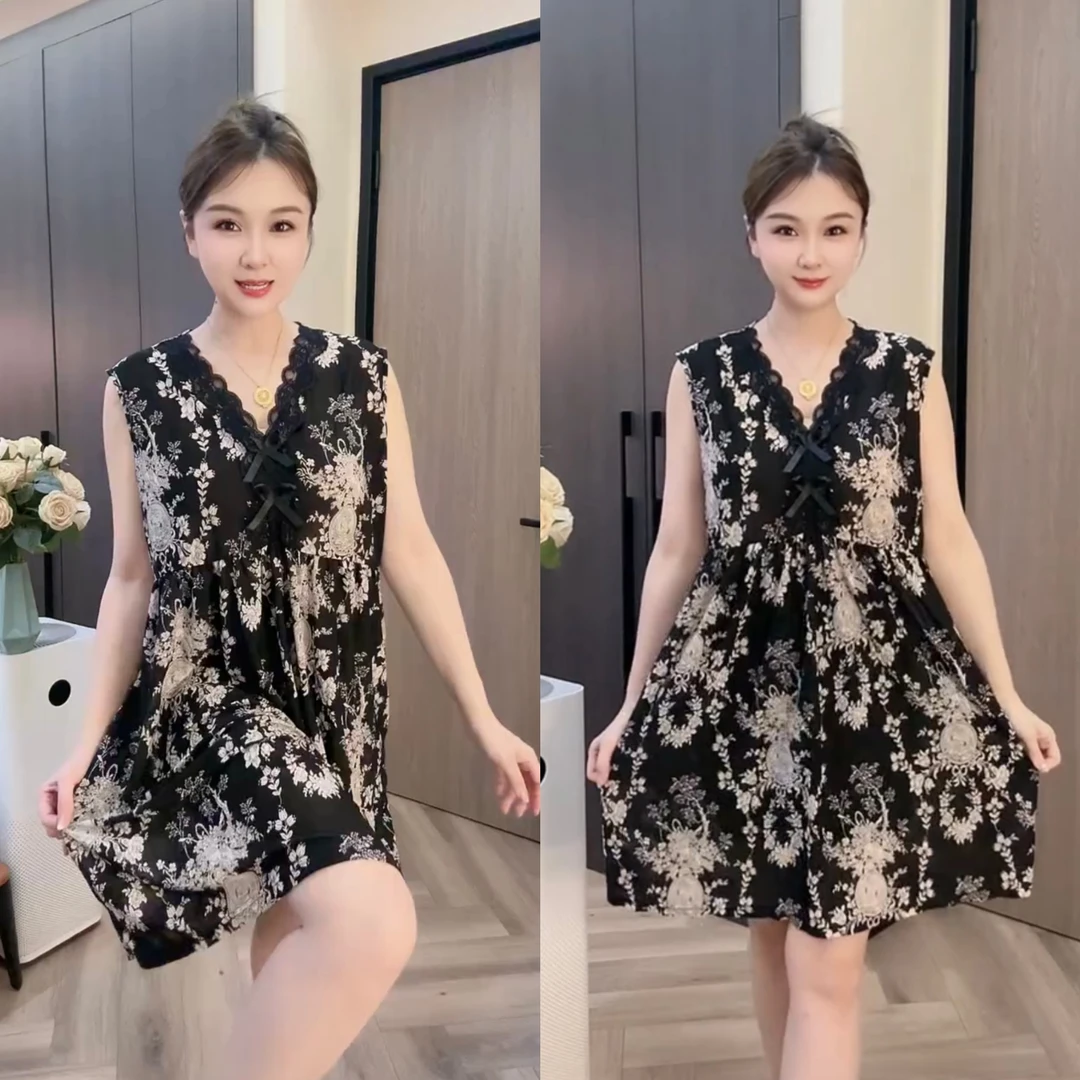 5030无袖碎花V领夏季甜美睡裙连衣裙复古韩版夏装气质裙子显瘦大