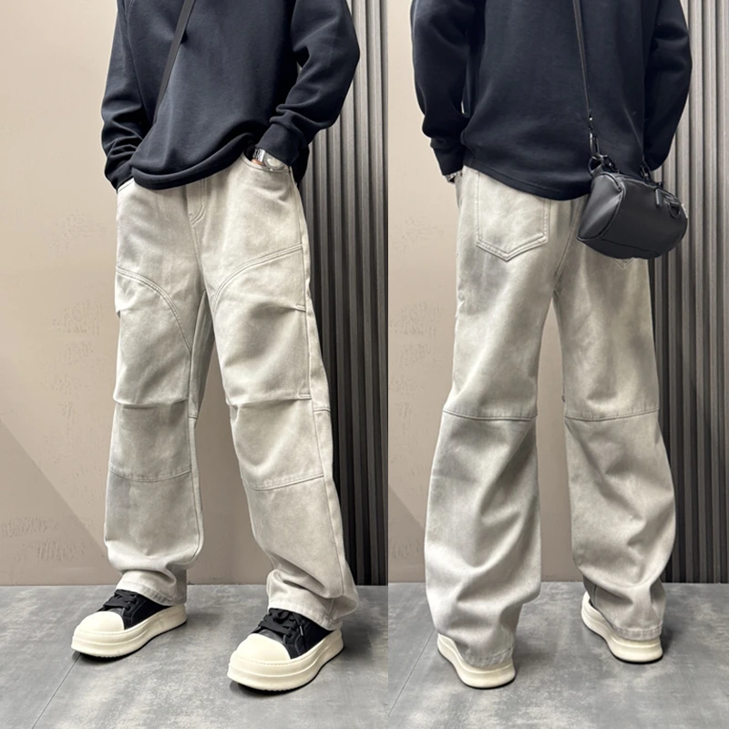 2025冬季新款加绒宽松直筒裤男痞帅美式做旧脏脏宽松休闲裤长裤