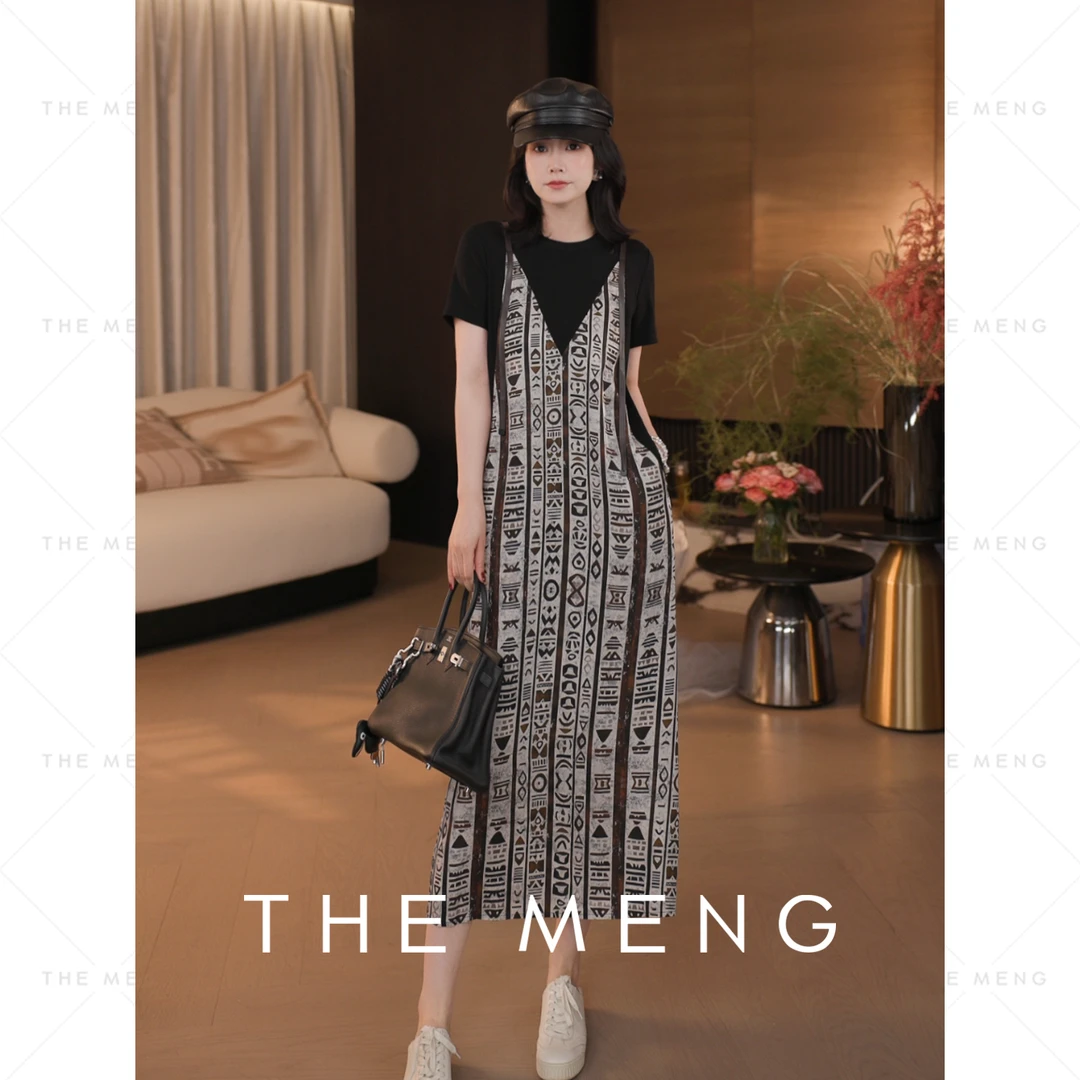 THE MENG【漫舞】天丝印花显瘦通勤假两件短袖连衣裙#M252G0555