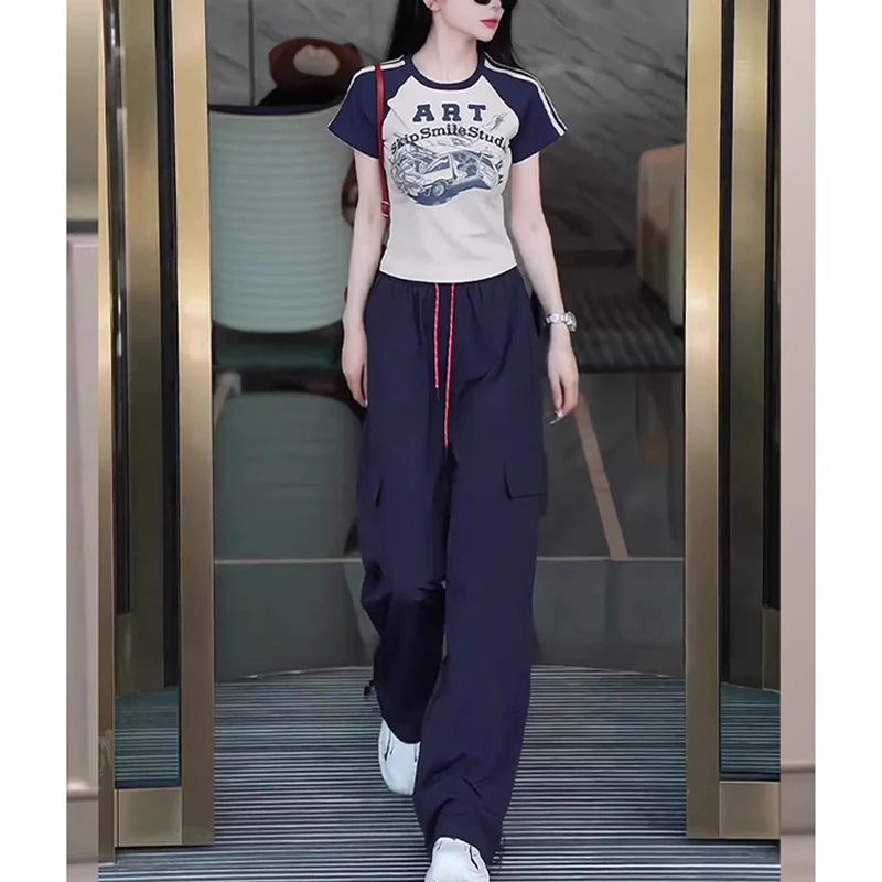 欧货夏季短袖运动套装女2025年新款时尚洋气工装阔腿裤两件套显瘦