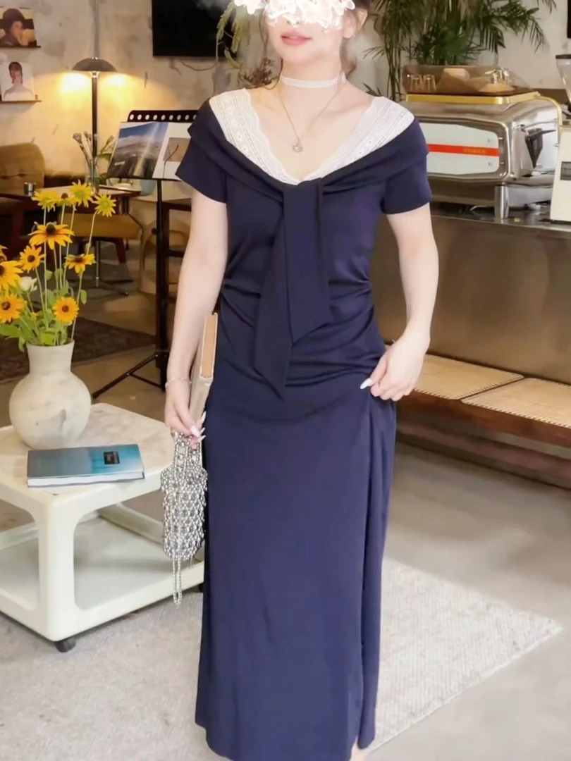 大码藏青色披肩蕾丝拼接连衣裙女夏季胖mm修身显瘦法式气质长裙子