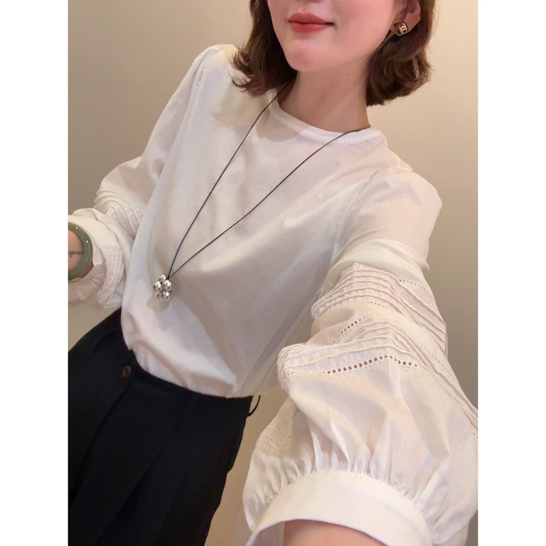 老赵服饰 韩系甜美圆领褶皱设计灯笼袖衬衫上衣21AU3958