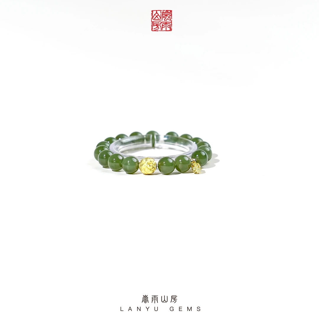 和田玉  青玉  深绿繁花灯笼设计款手串单圈  10mm
