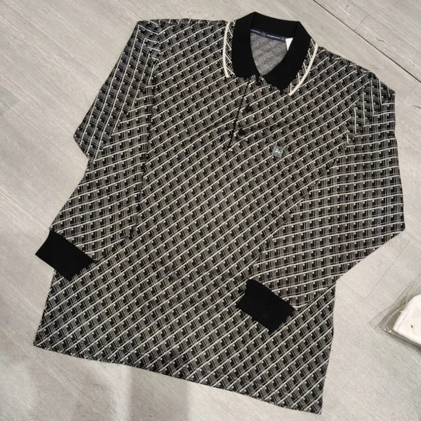 翻领黑白格子图案胸前口袋针织衫Polo衫-果梓412