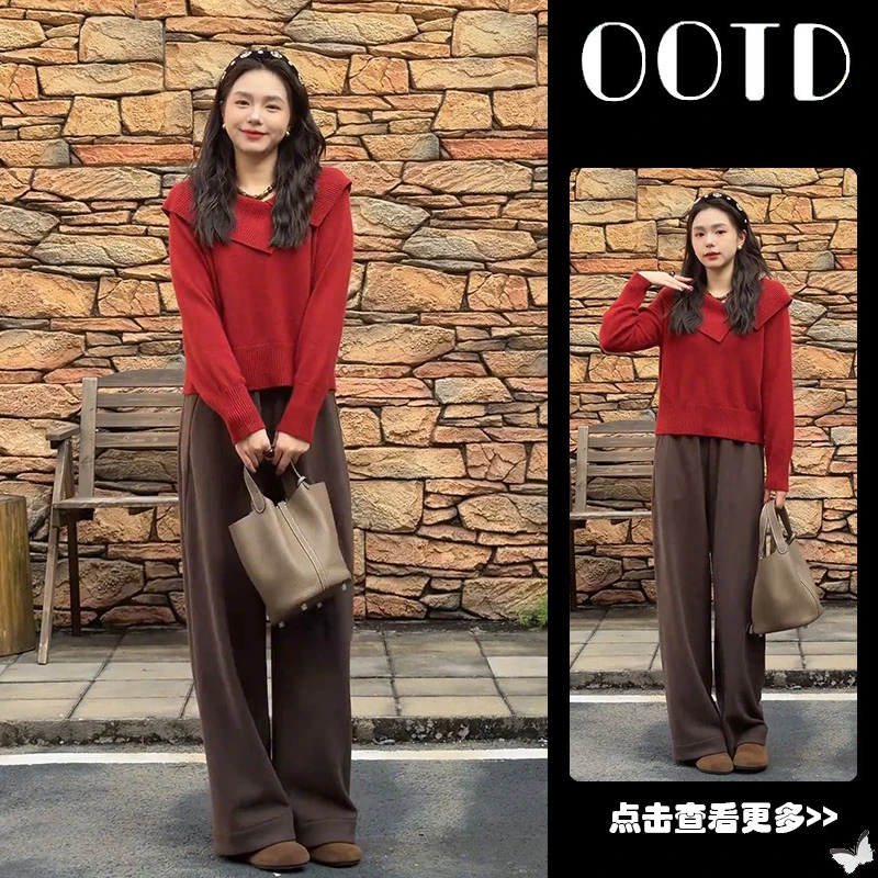 秋冬流行穿搭一整套女2025新款红色翻领针织衫百搭休闲裤两件套