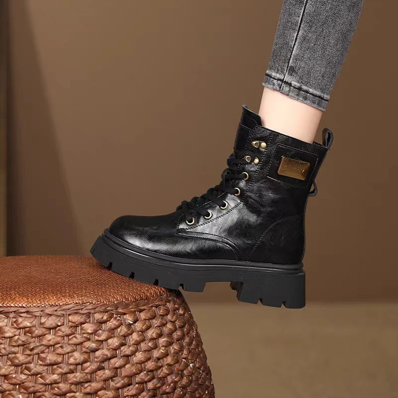 真皮马丁靴秋冬季加绒松糕厚底粗跟复古靴短靴 5006