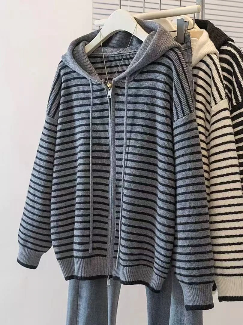 2284-CQ新款开衫连帽条纹针织上衣（80-135）