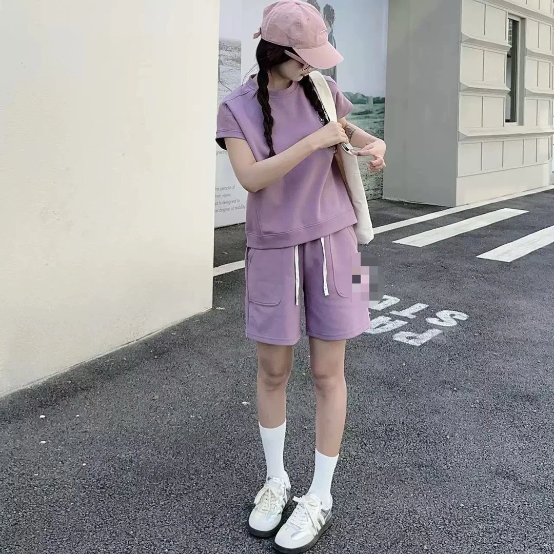 高级感夏季新款刺绣字母短袖短裤套装洋气减龄宽松两件套H02