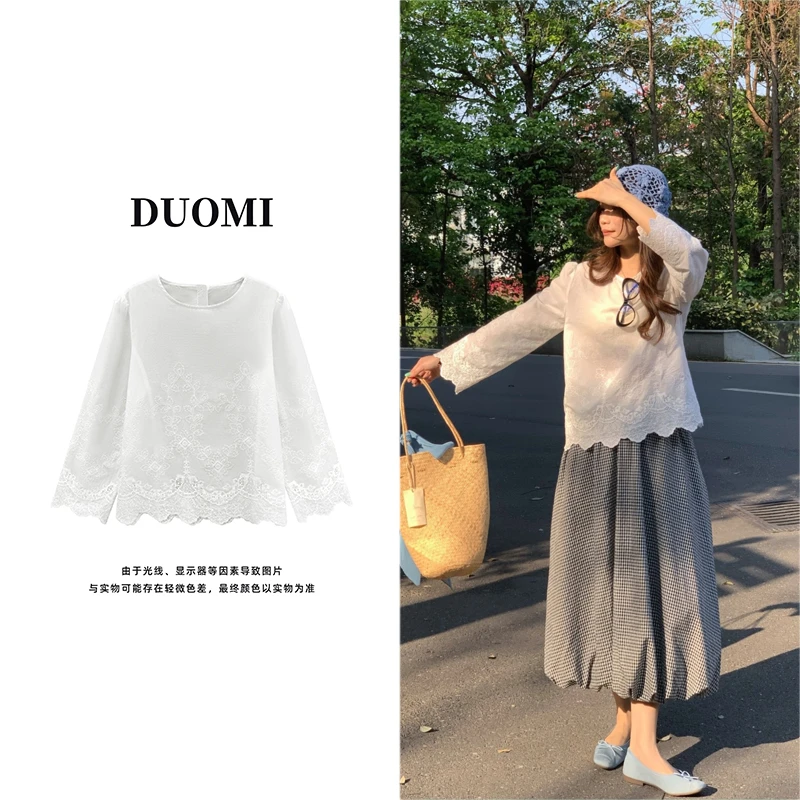 【DUOMI】春季新款女装百搭时尚小众风格设计拼花边上衣女小衫D6535