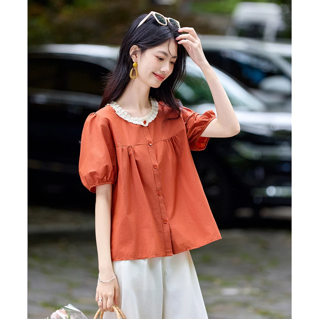 尚静拼接蕾丝镂空领灯笼袖衬衫2025夏季新款时尚休闲气质百搭舒适
