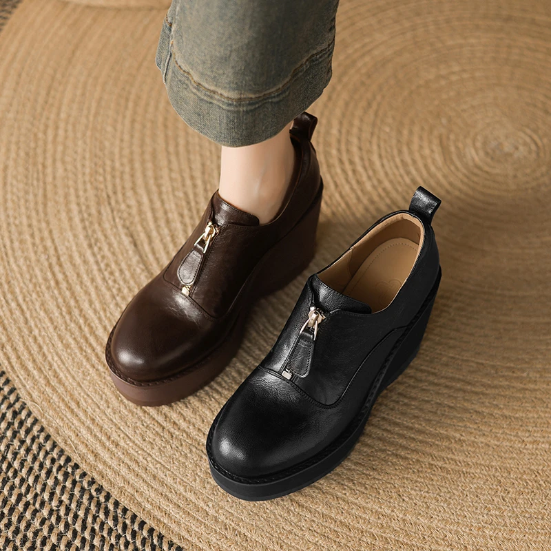 羊皮 9厘米 34-39 手抓褶皱羊皮 松糕底复古厚底百搭圆头深口单鞋