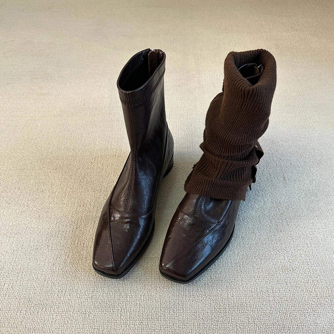 羊皮版~复古通勤低跟瘦瘦靴女秋冬后拉链方头气质弹力靴女短靴