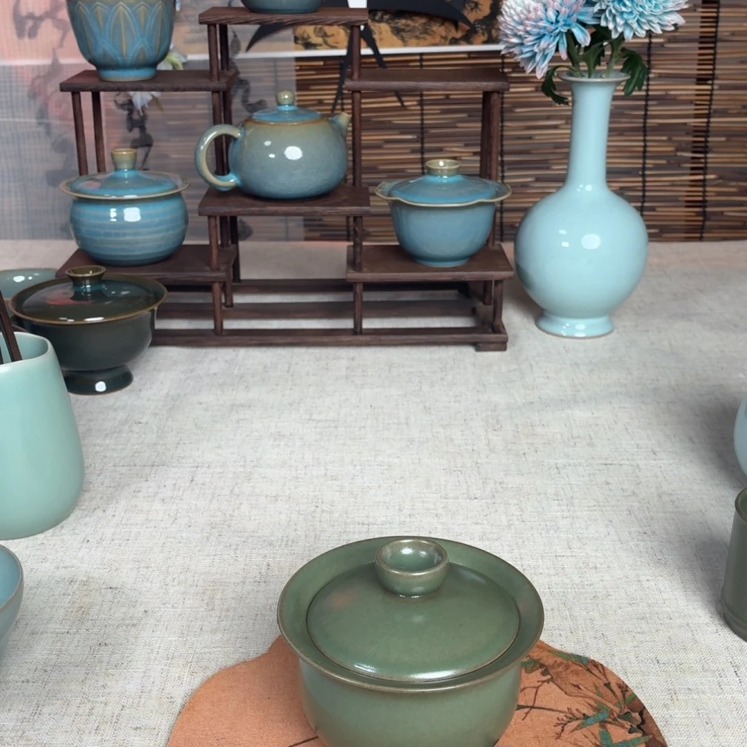 陶摆件柴烧墨绿二才瑕疵