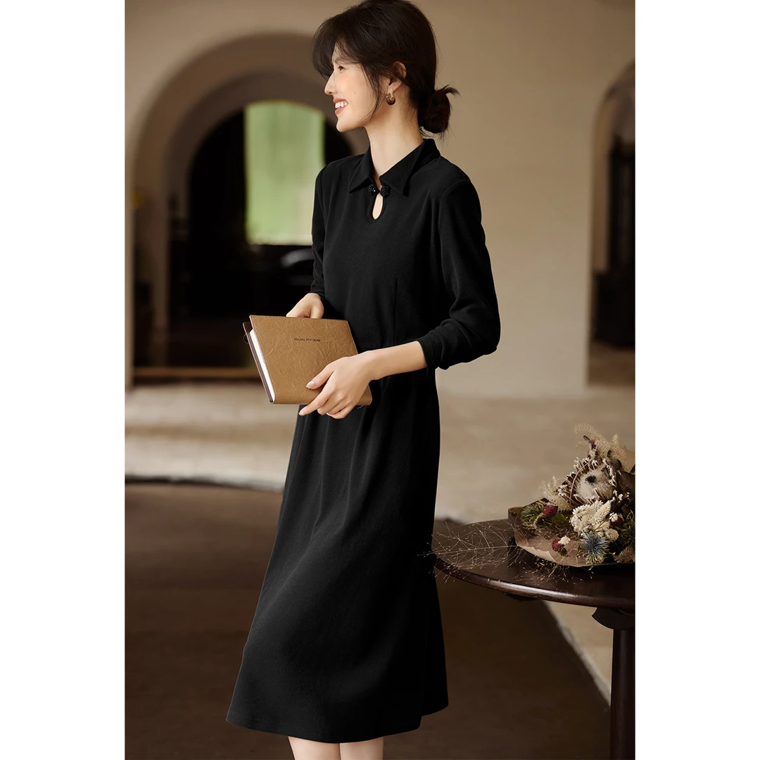 XWI/欣未【奥莱】新中式国风款水滴领连衣裙24冬季轻国风收腰连衣裙