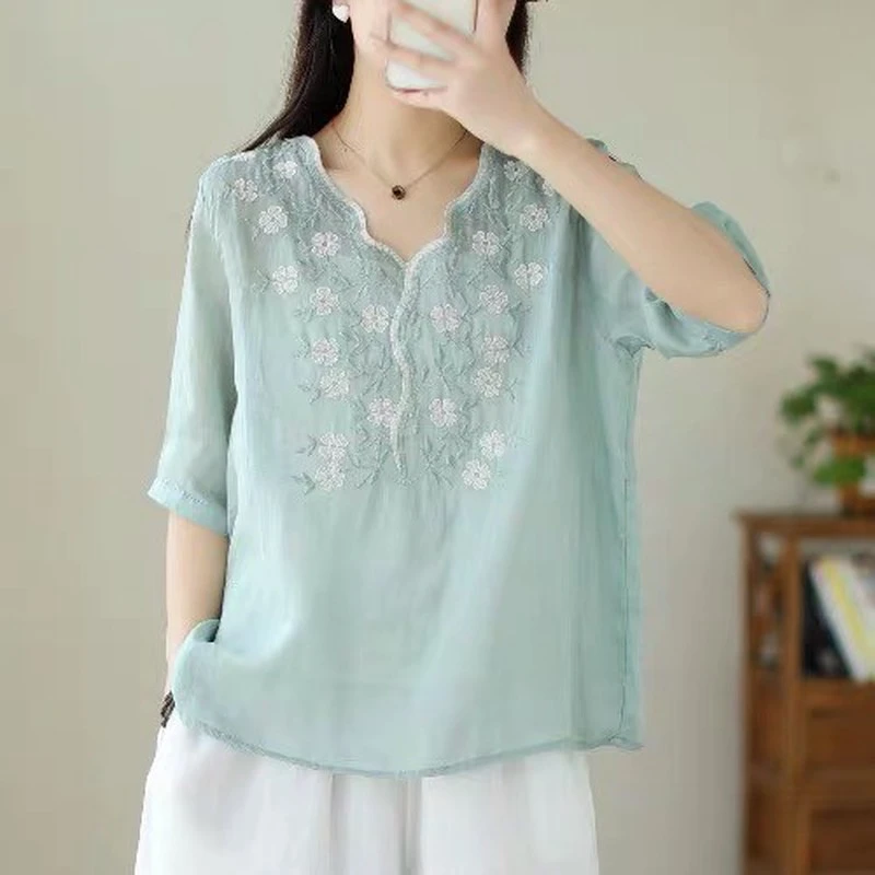 大码棉麻拼接V领短袖t恤女士上衣夏季新款文艺青少年中年冬季帽子