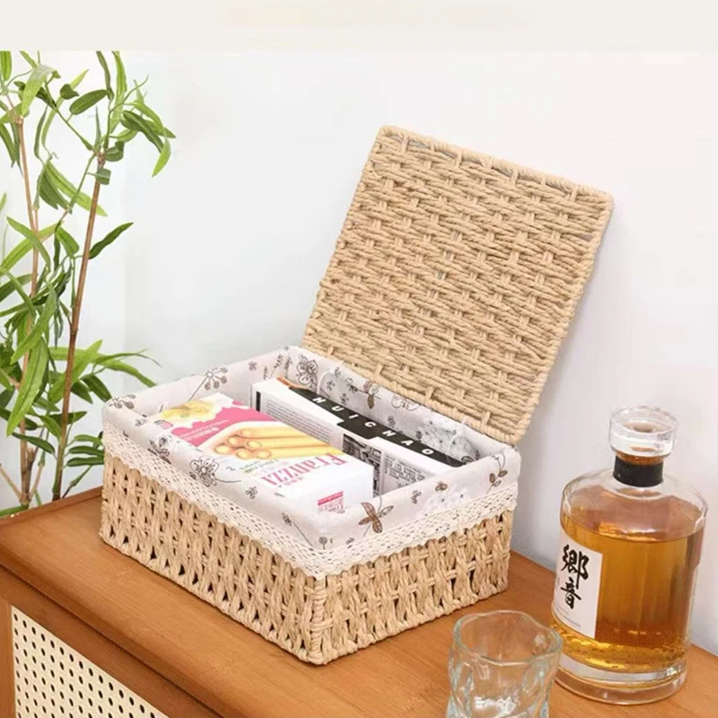 纯手c桌面收纳化妆品杂物带盖收纳盒防尘田园风草编