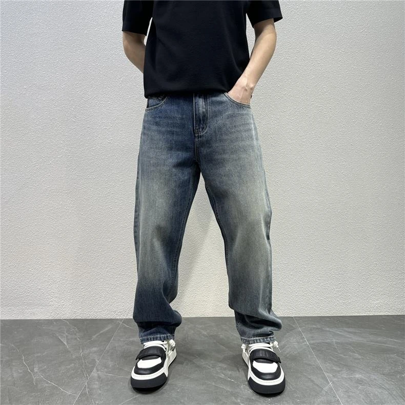 复古蓝不规则水洗微宽直筒牛仔裤2025新款男裤百搭时髦款休闲长裤