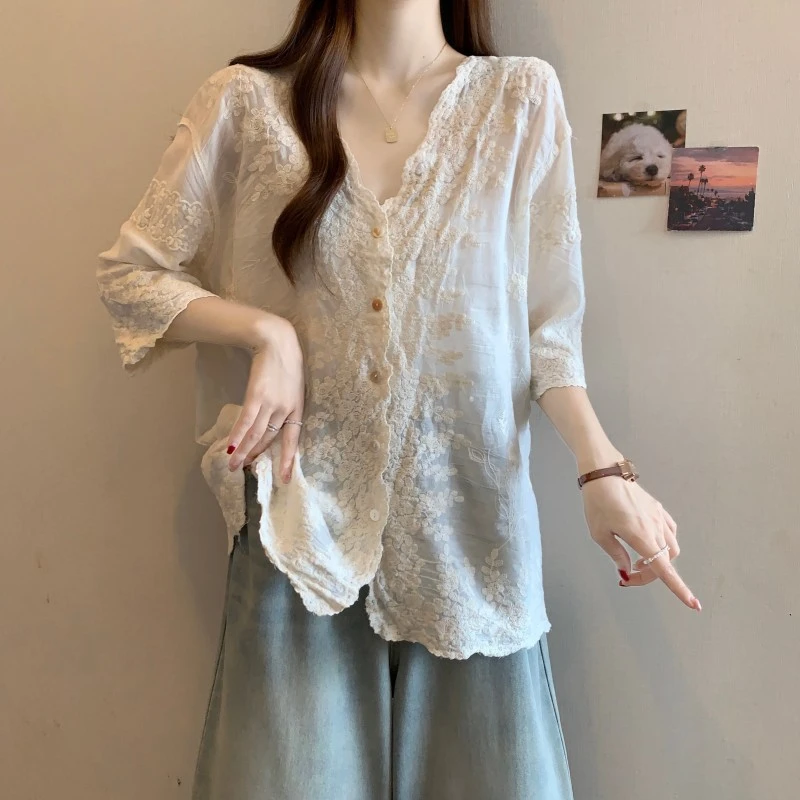 大码胖MM夏季新款刺绣波浪花边V领短袖上衣罩衫防晒开衫