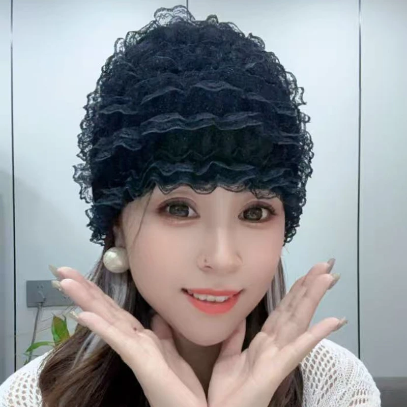 蕾丝镂空女网红针织时尚帽子女士遮白发包头帽包头帽保暖冬季