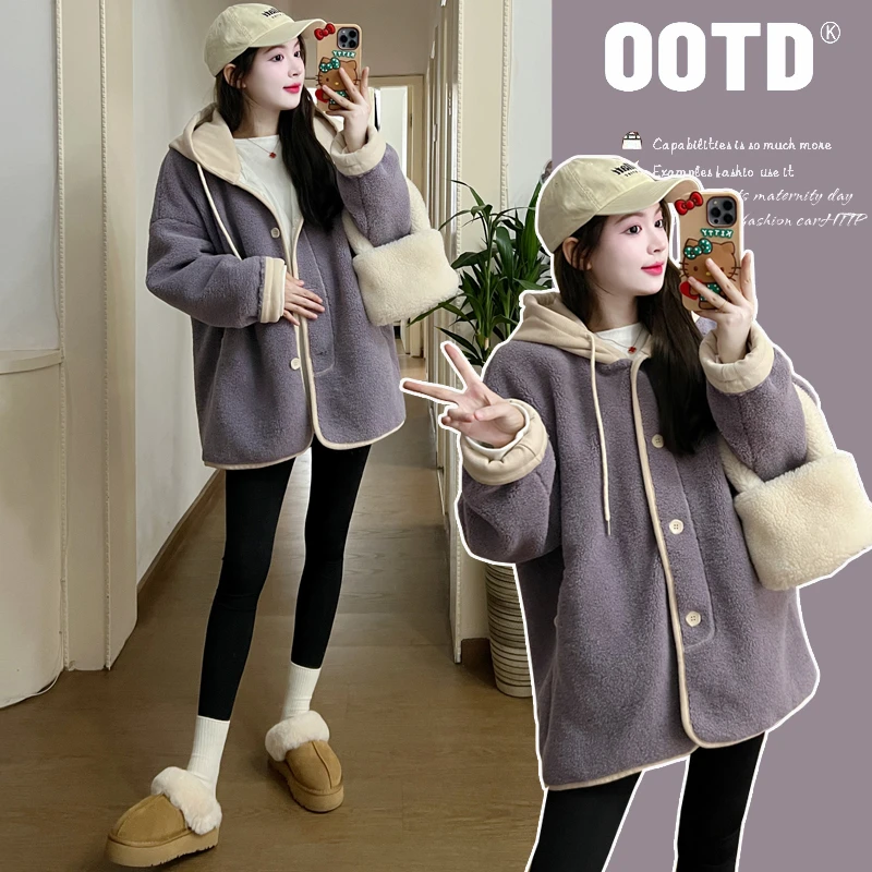 2025孕妇秋冬装加绒加厚保暖外套优质加厚宽松连帽抽绳外套中长款