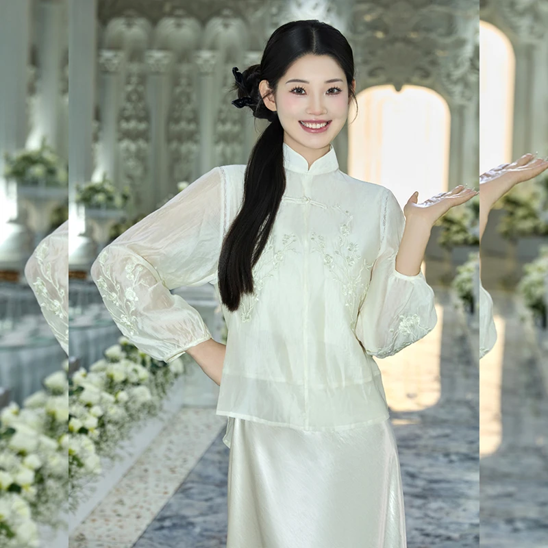 原创繁花新中式立领衬衫重工刺绣衬衫日常百搭上衣夏季薄款