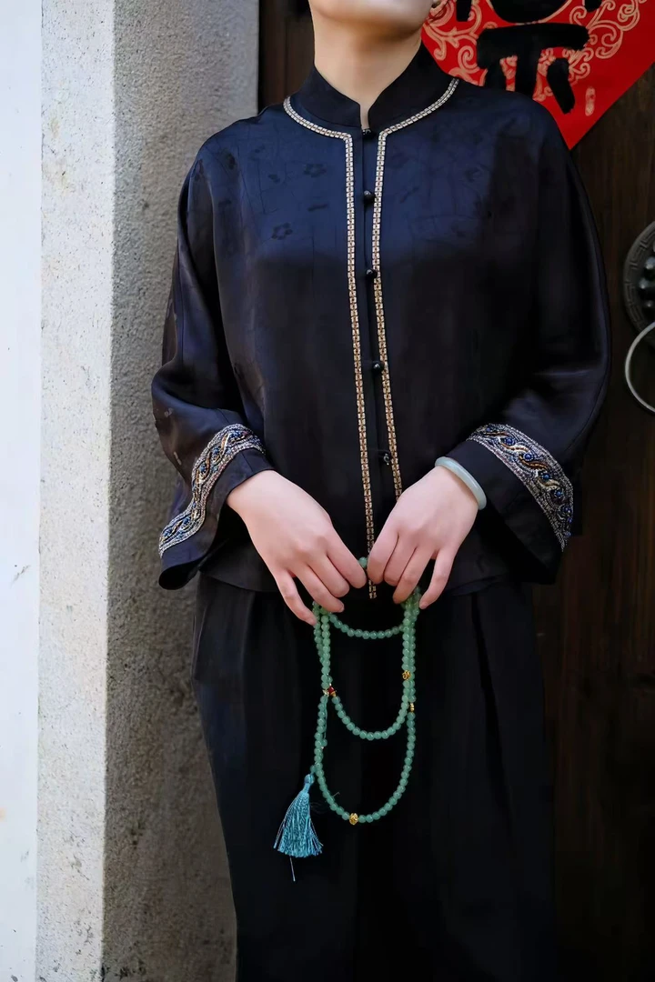 贵夫人-乌黑色高定国风春夏显瘦时尚桑蚕丝宽松长袖ins衬衣气质