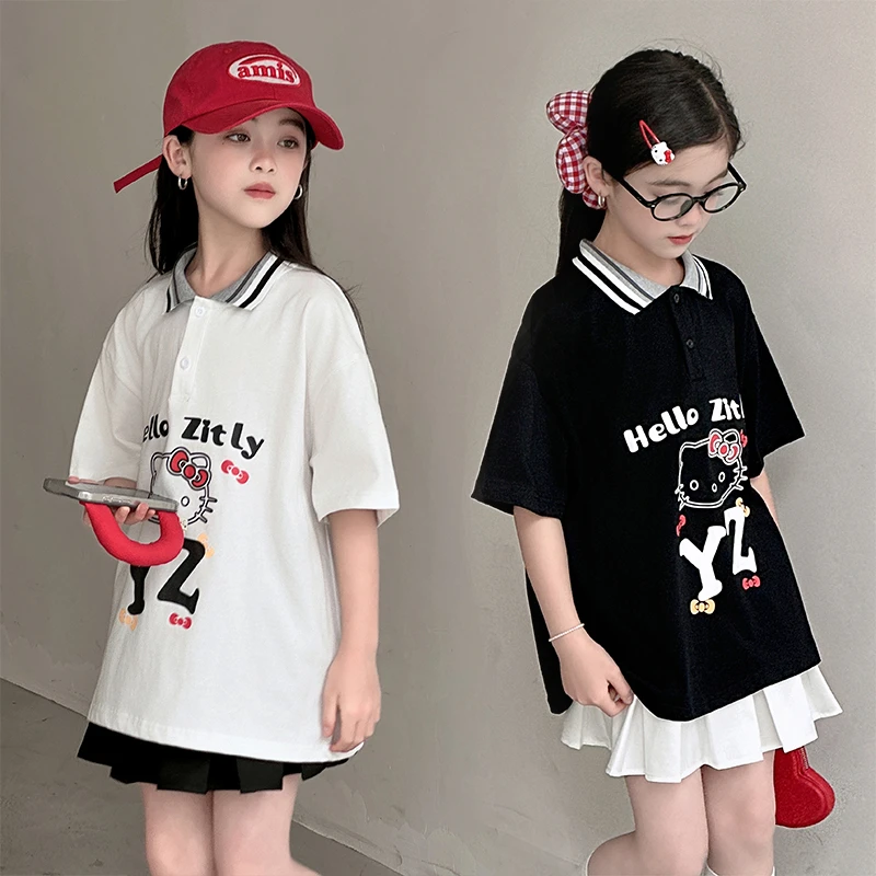 女童夏季POLO衫裙子套装童装中长款短袖女孩包臀T恤百褶裙两件套t