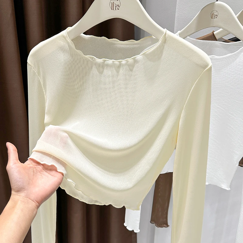 杏色圆领木耳边设计长袖薄款T恤女秋季新款百搭打底修身网纱上衣