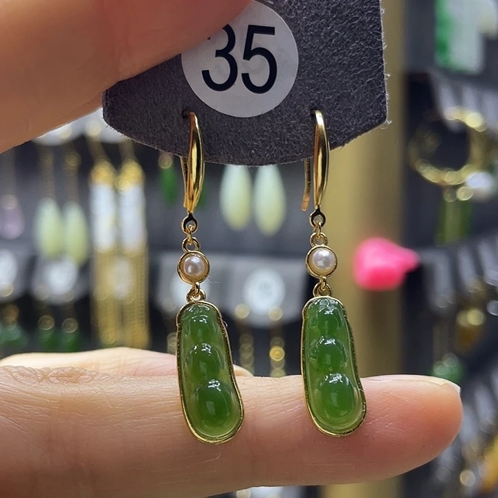 和田玉银S925镀金镶嵌耳饰