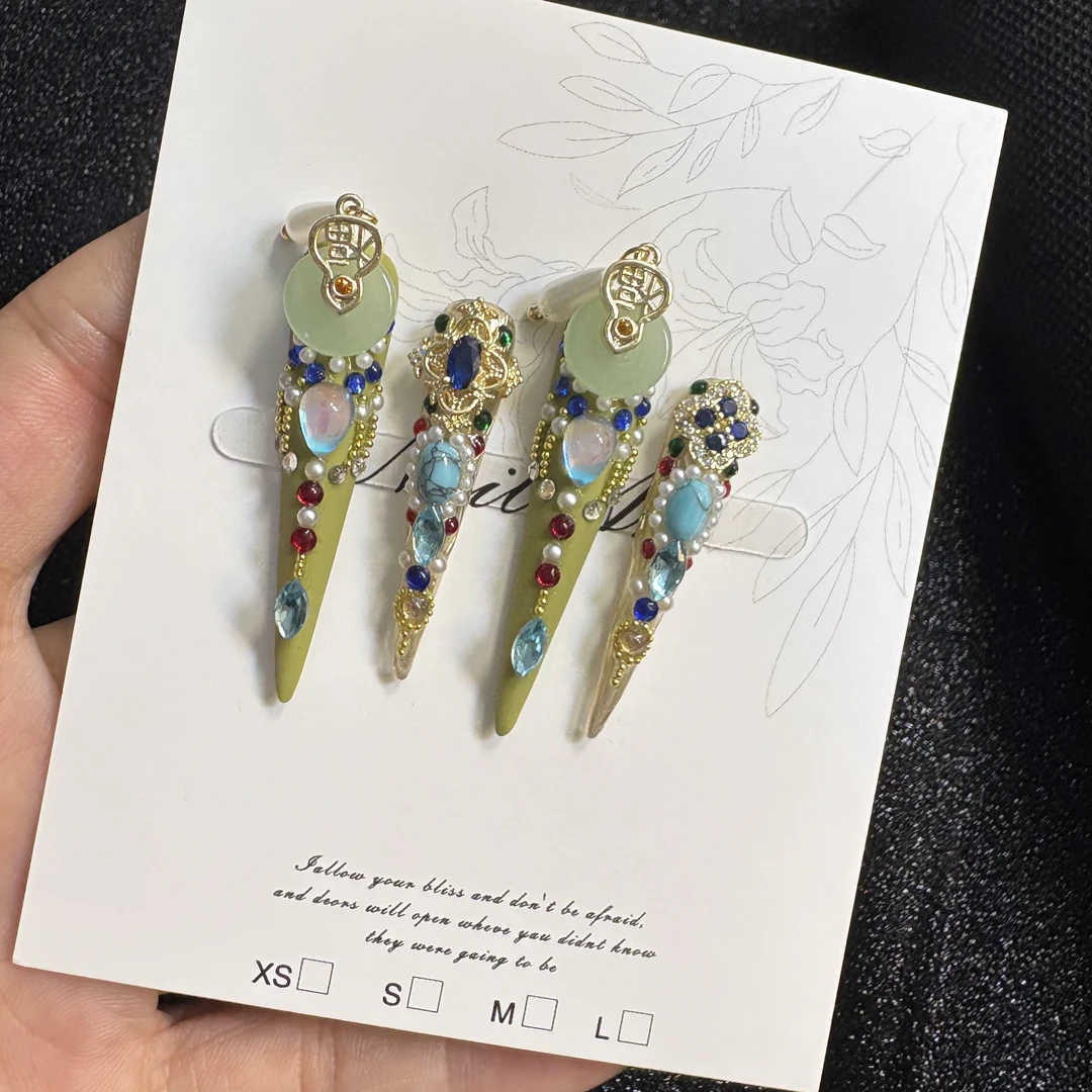 菀菀类卿｜复古奢华贵妃甲嬛嬛护甲吊坠中式手工穿戴甲磨砂封层绿